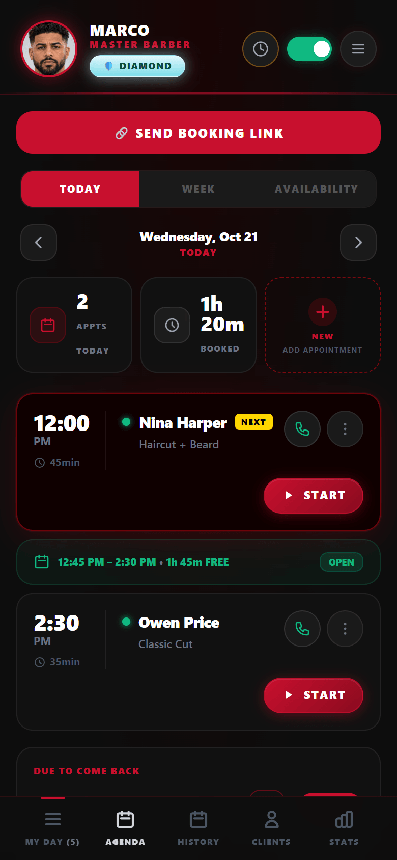 MyTurn staff dashboard agenda tab: today’s appointments with their times, the free gap between them, and a button to send the booking link