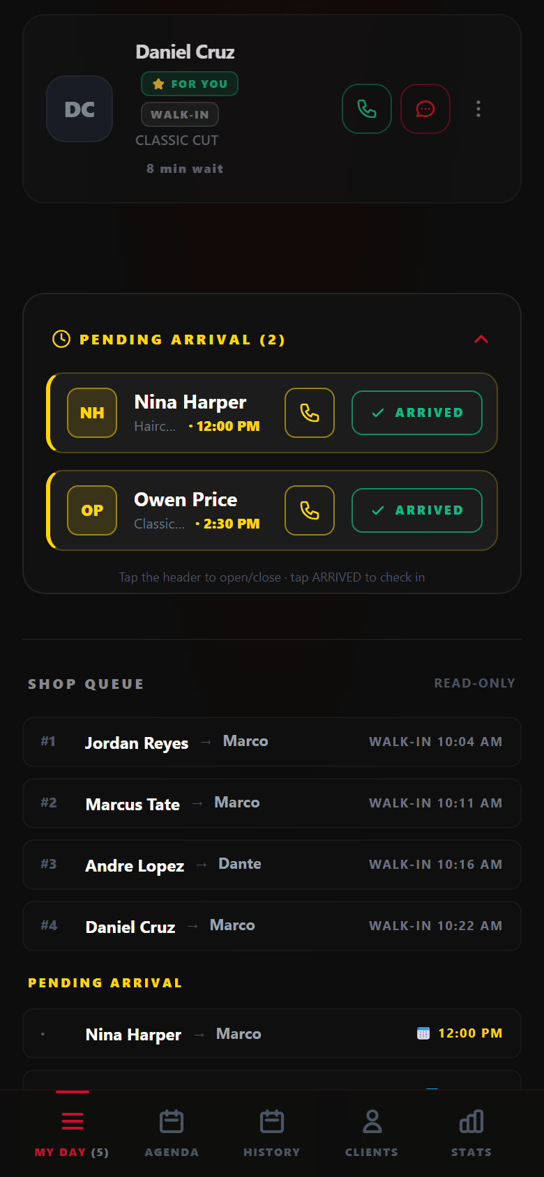 Further down the MyTurn staff dashboard: appointments on their way, to mark as arrived, and the whole shop’s queue, read-only