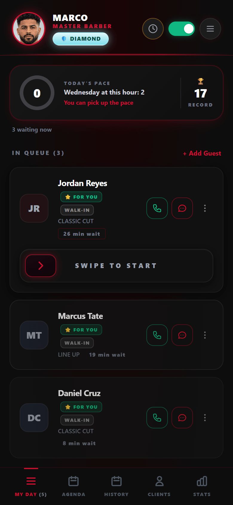MyTurn staff dashboard with three clients waiting for this barber: each one’s service, how long they’ve waited, call and text buttons, and swipe to start on the first