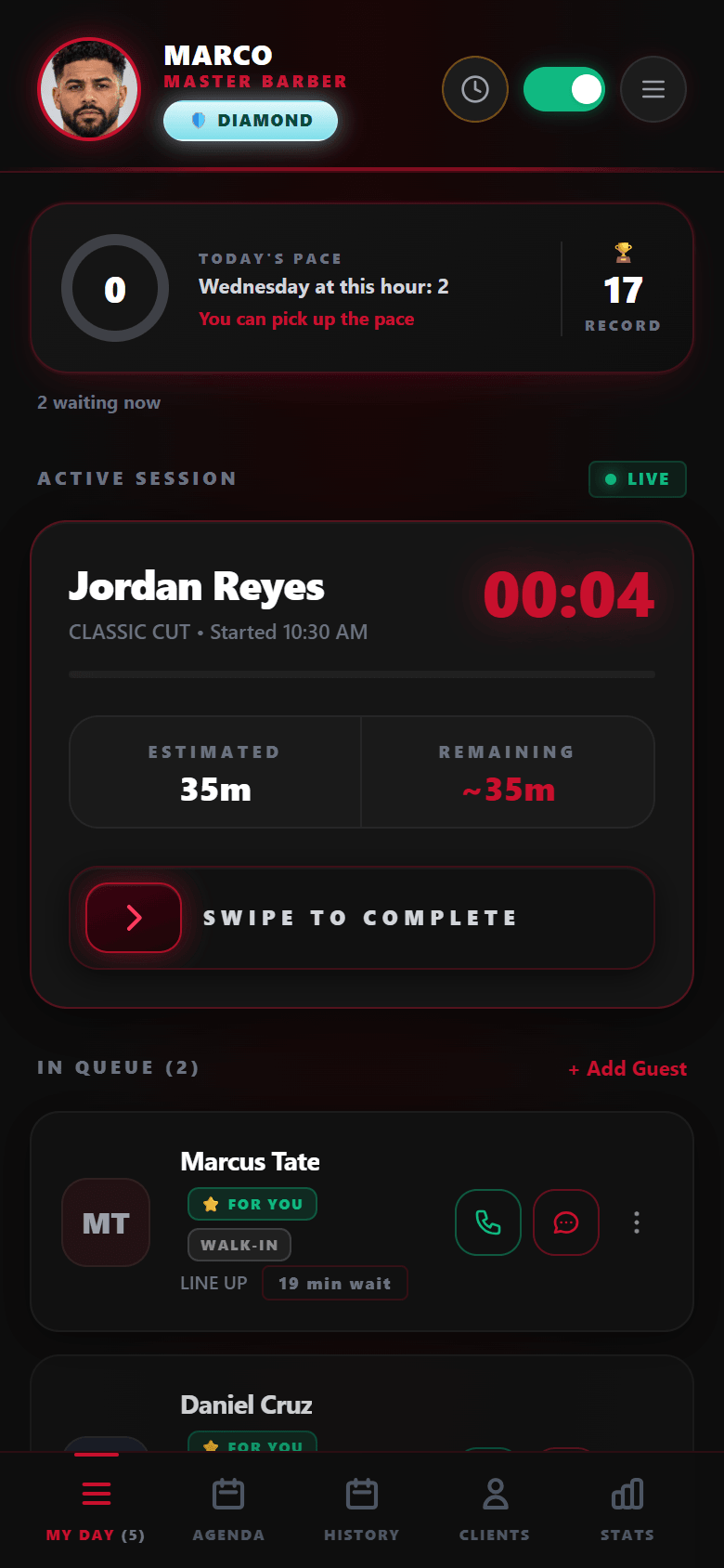 MyTurn staff dashboard during a cut: the active session with its timer and the estimated time left, and the rest of the queue below