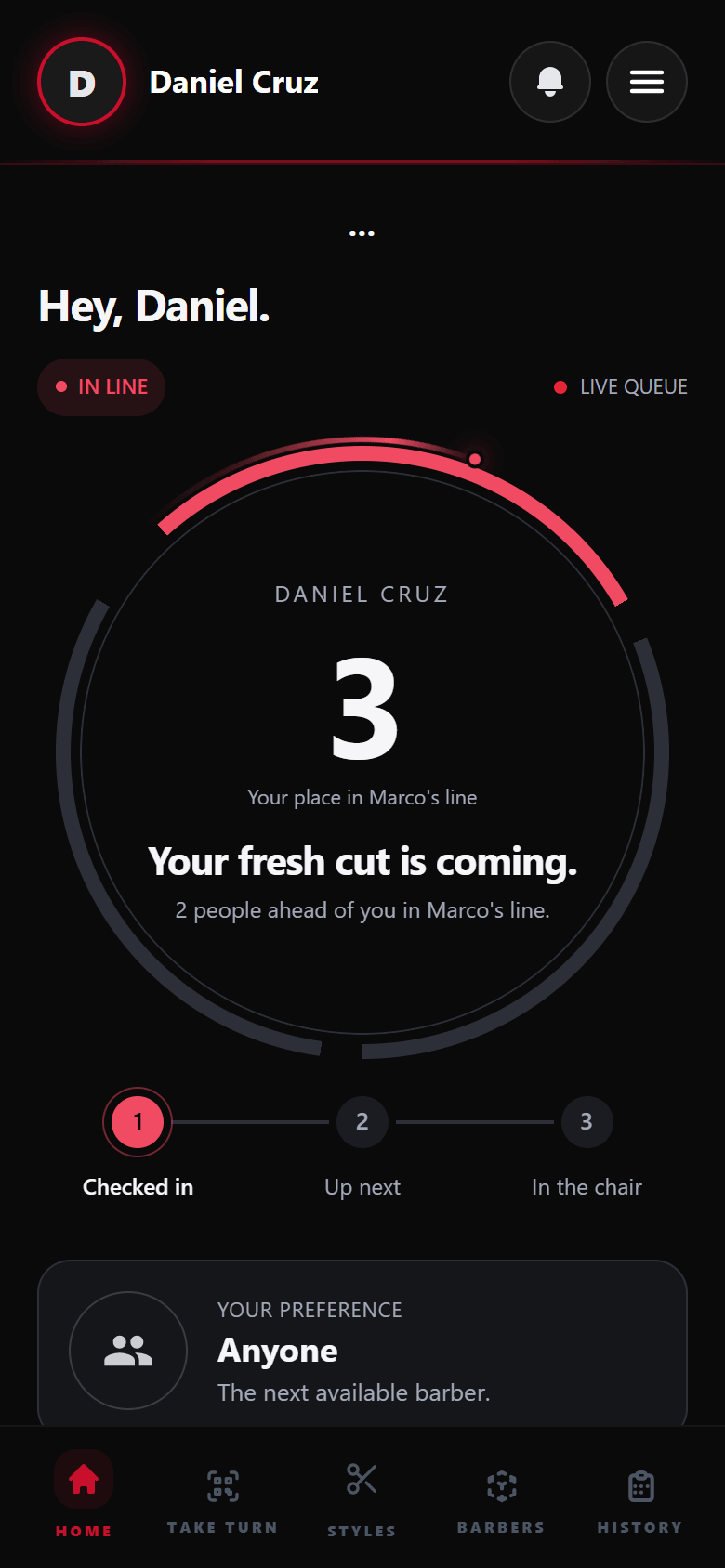 MyTurn queue open on the client’s own phone after scanning the kiosk QR code, showing their position in line, the barber and the service