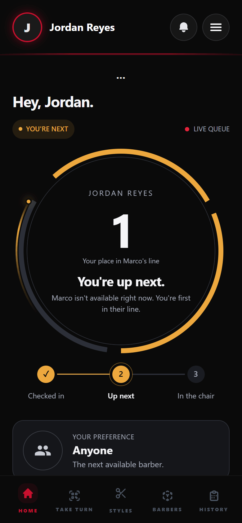 MyTurn queue on a returning client’s own phone showing they are next in line