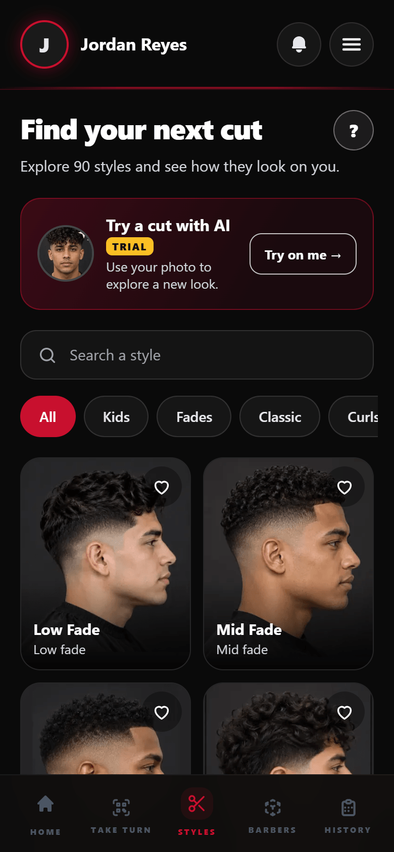 The Styles tab in the MyTurn client app: a catalog of haircuts with a search box and category filters