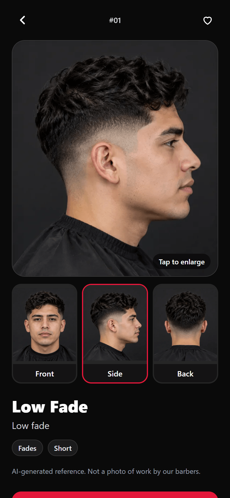 A haircut in the MyTurn Styles catalog, shown from the side, with front and back views below and a heart to save it