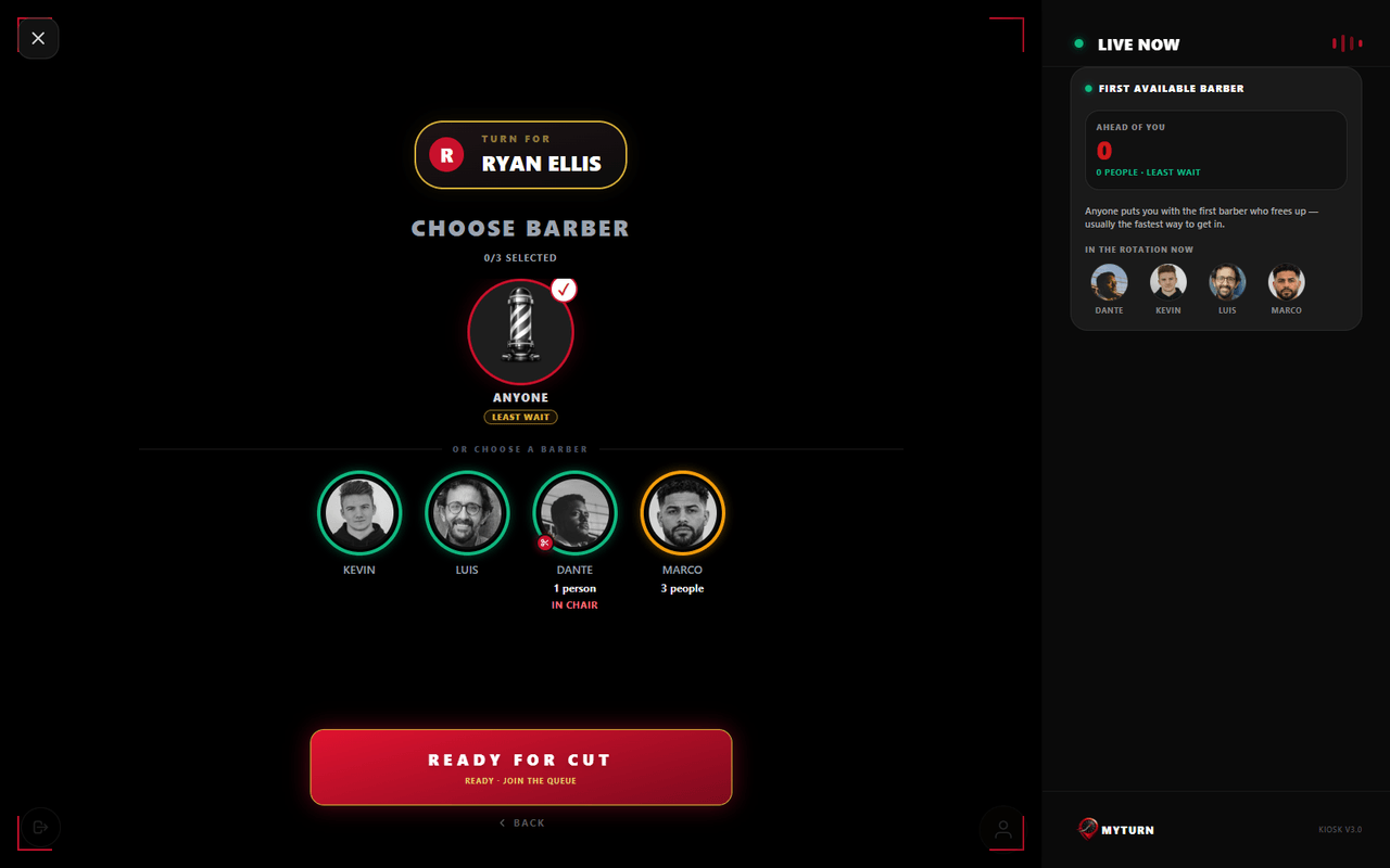 MyTurn kiosk barber selection screen — real photos, real ratings, and Anyone for the first barber who frees up