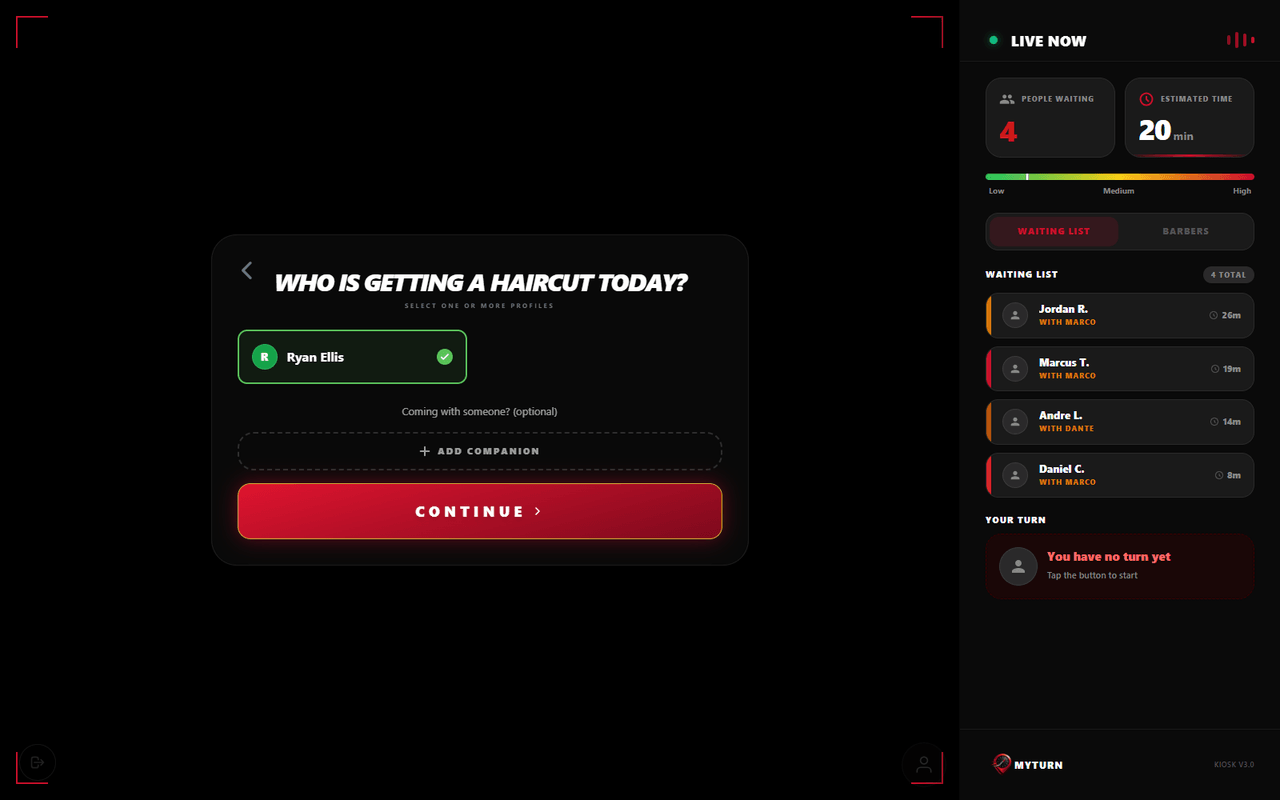MyTurn kiosk screen asking who is getting a haircut today, with the client’s profile selected and a field to add a companion