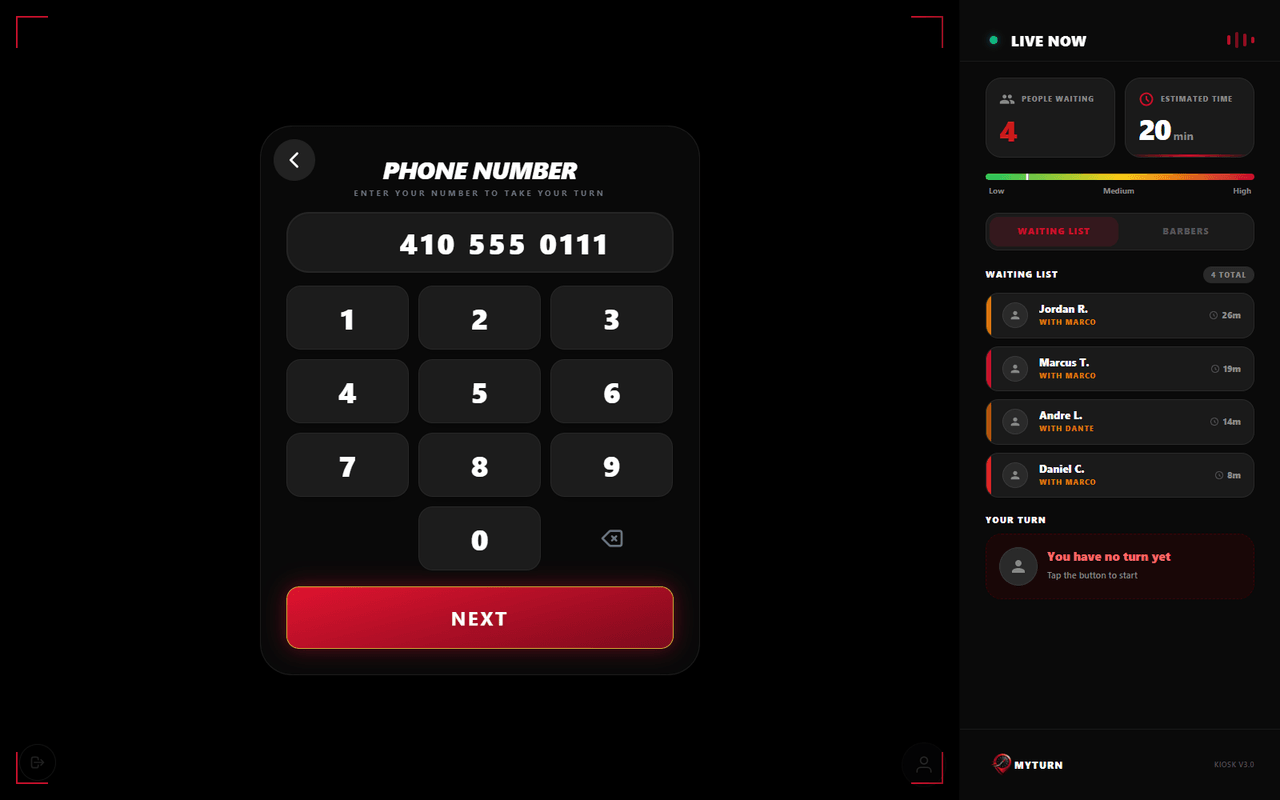 MyTurn kiosk phone number screen with a large on-screen keypad