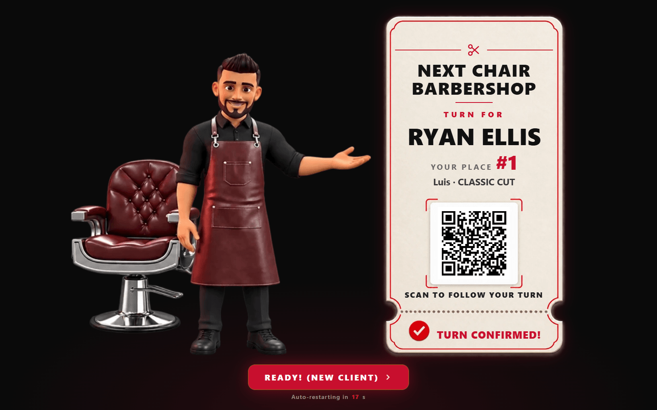 MyTurn kiosk ticket after check-in: the client’s place in line, their barber and service, and a QR code to follow the turn